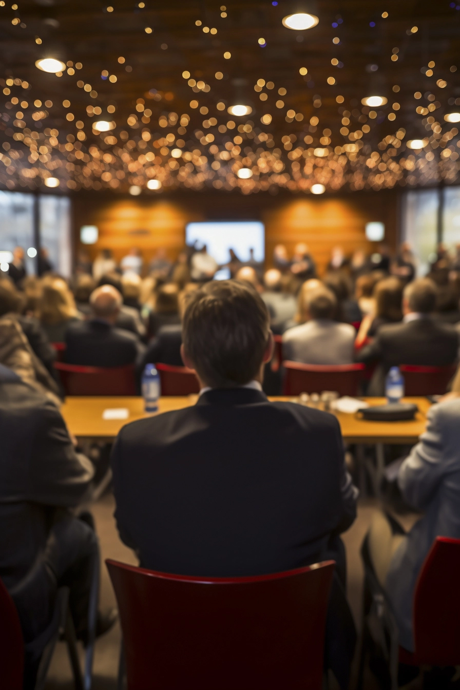 A professional speaker delivering a presentation at a corporate event.