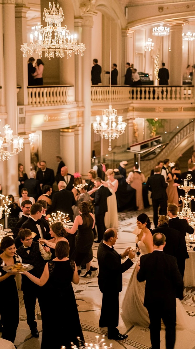 Elegant ballroom wedding reception with chandeliers, guests in formal attire dancing, and a bride and groom enjoying their first dance.