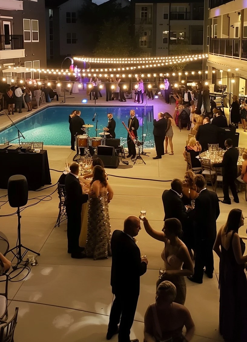 A poolside evening event with elegant lighting and relaxed atmosphere.