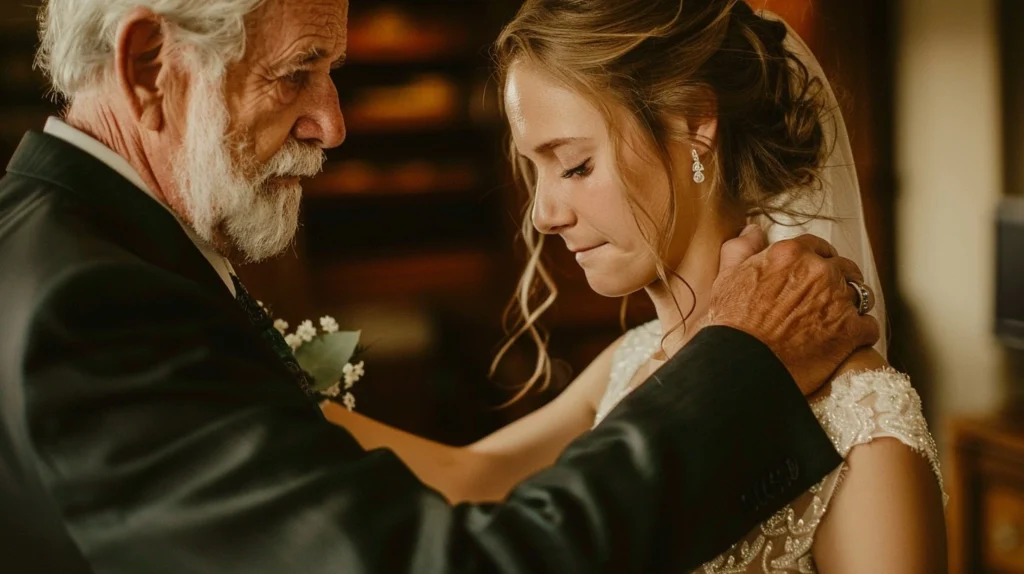 Emotional moment between bride and her father on her wedding day, as he gently holds her shoulders while she holds back tears.