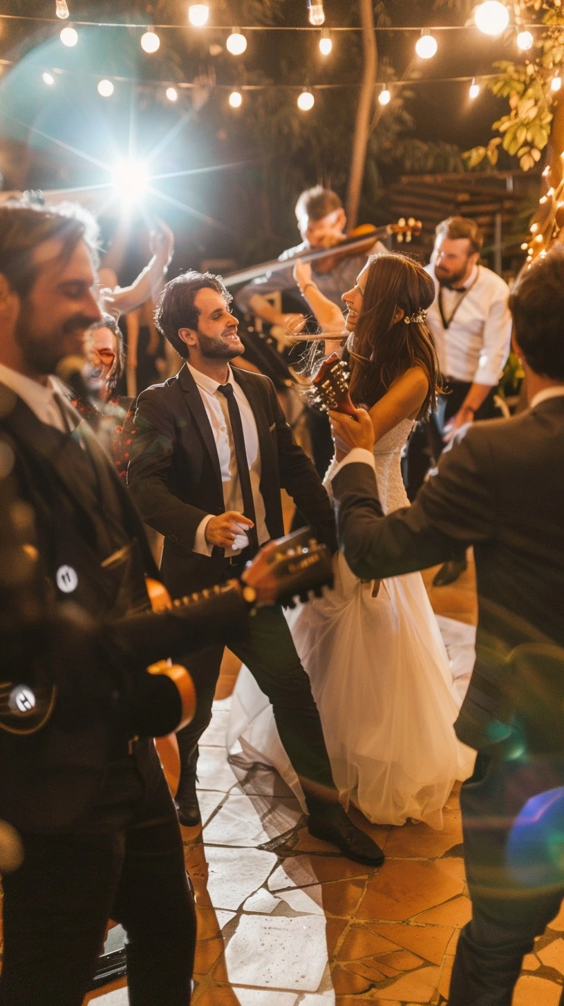 Brudeparet danser med glede på bryllupsmottaket, smilende og omgitt av jublende gjester